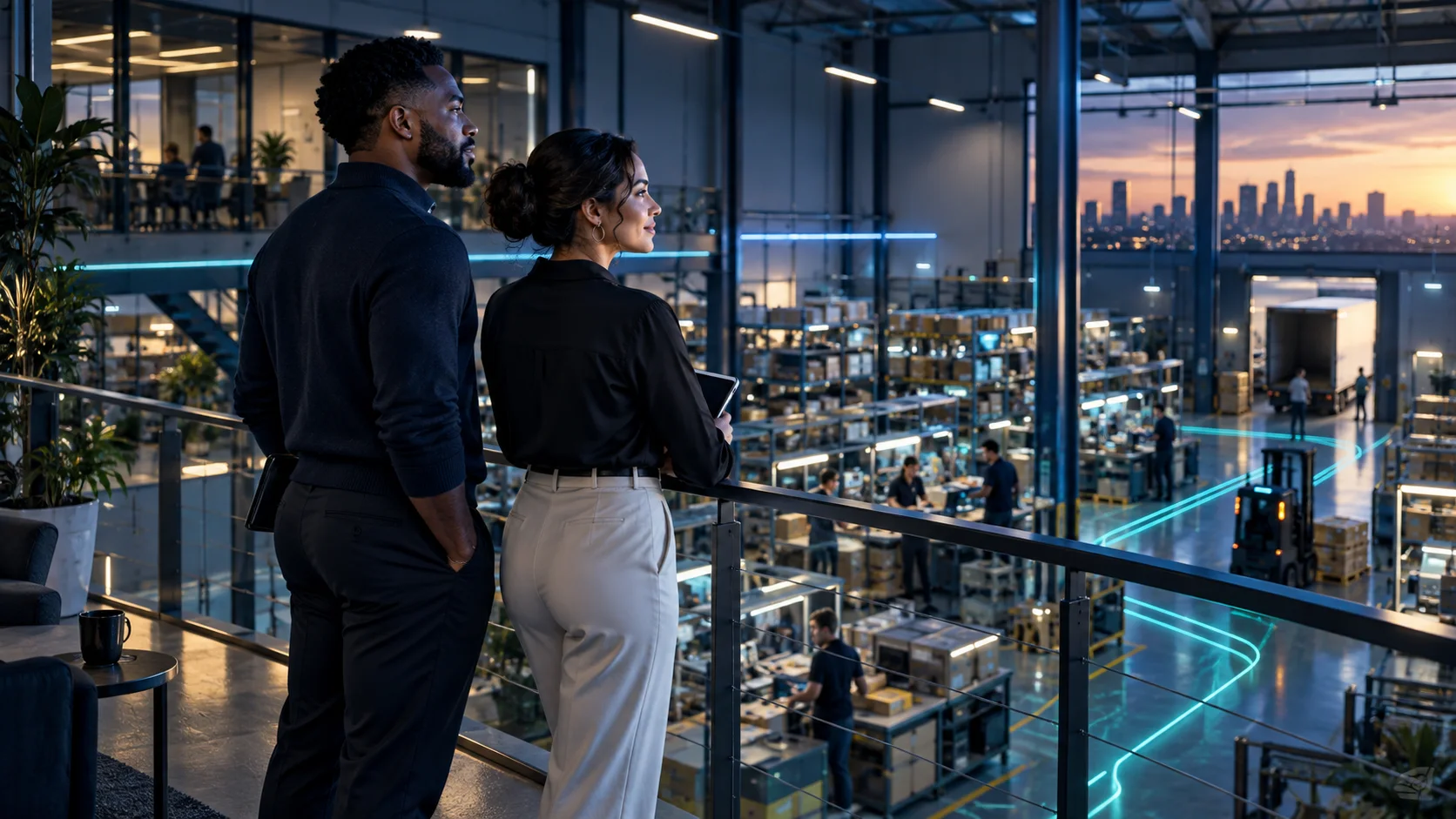 Two business partners looking over their growing operation