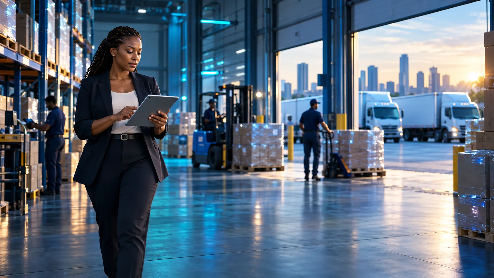 A business owner leading an active logistics operation